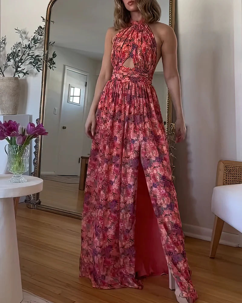 Iris - Rygglös maxiklänning med blommigt tryck